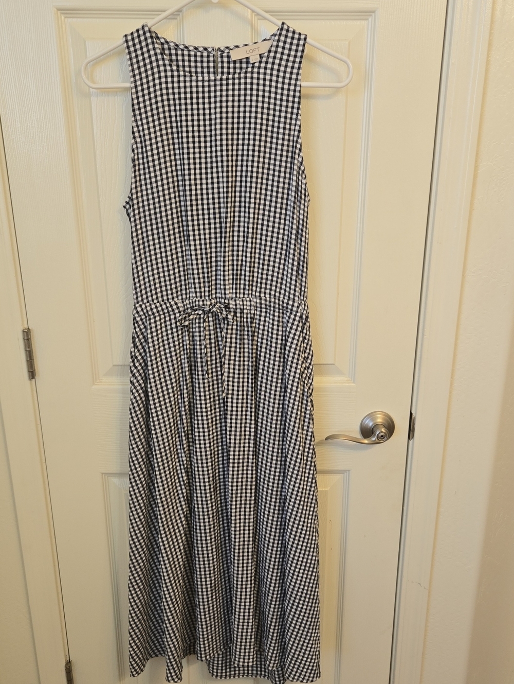 LOFT Black and White Gingham Maxi Dress with Tie Waist